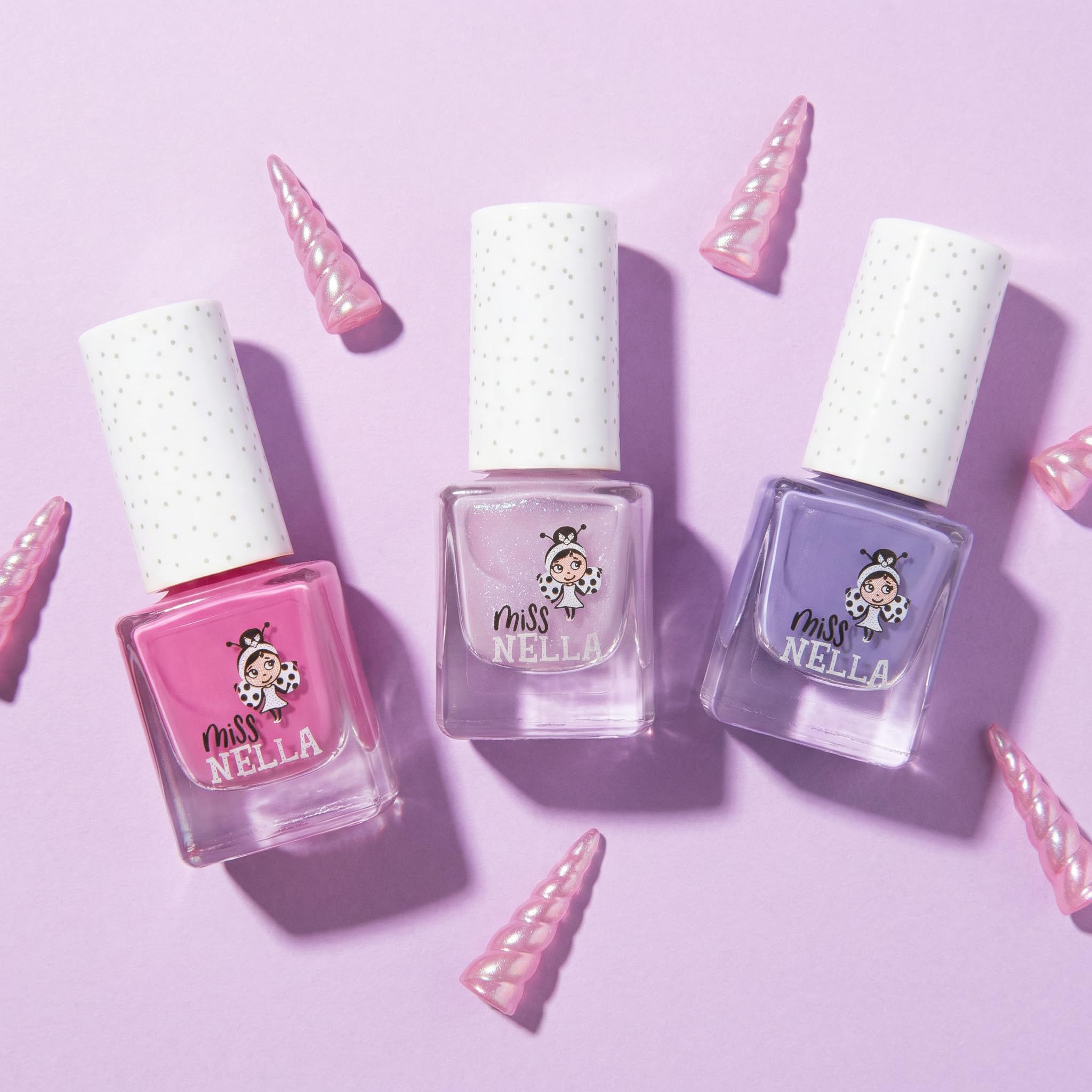 Miss Nella PURPLE UNICORN-Peel Off, geruchsneutral, Wasserbasis & Safe für Kinder Nagellack-Pack 3- Sweet Lavender (glitter), Butterfly Wings (glitter) & Little Poppet