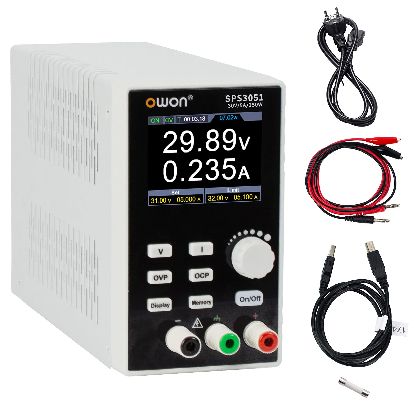 OWON SPS3051 DC-Netzteil Einkanaliges Programmierbares, Labornetzteil mit Ausgangsgenauigkeit bis zu 10mV/1mA, Ausgangsbereich 0-30V/0-5A, Ausgangsleistung 150W, 2,8-Zoll-TFT-LCD-Bildschirm