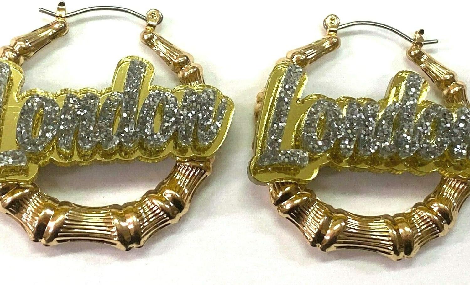 Personalized Custom Gold Hoop 1.5, 2.5, 3.5" Size Choice Bamboo Earrings Name Plate Laser Cut Diamond Look Script Cursive Design Stunning Look - Quality, Attractive Gold Bamboo Earrings, Made To Order - Any Name