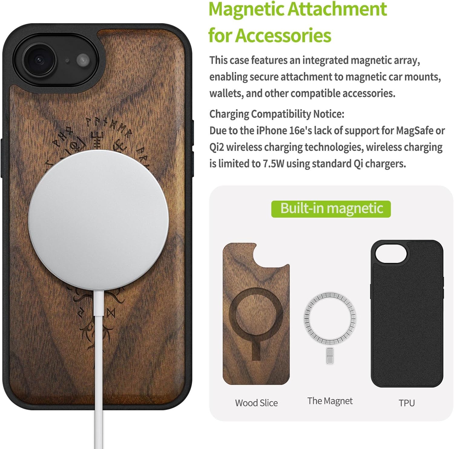Carveit Magnetic Wooden Case for iPhone 16e / 17e, Solid Wood & Black TPU, Artisan Engraved Design, Shockproof Cover, Compatible with MagSafe Wireless Chargers, The Guiding Vegvisir - Walnut