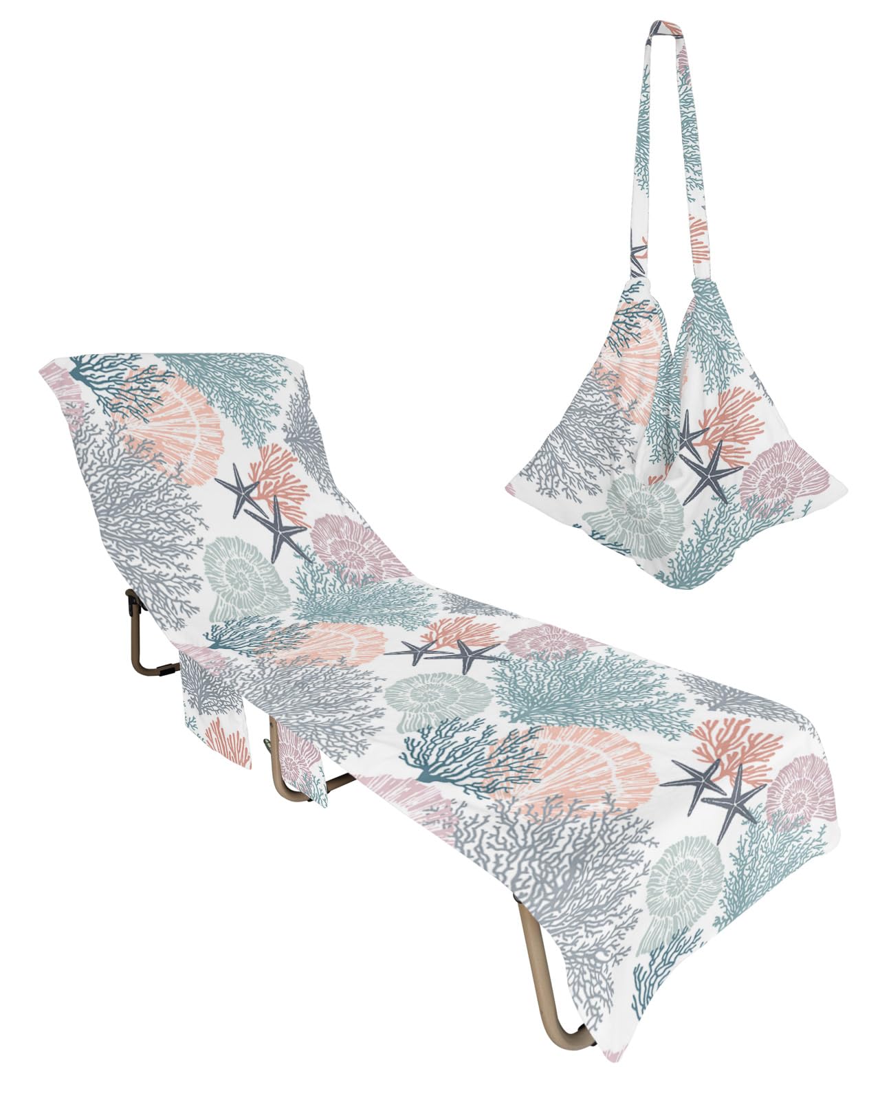 Teal Orange Red Coastal Beach Lounge Chair Towel Cover, Soft Chaise Lounge Towel with Side Pockets Patio Pool Chairs Cover for Beach/Pool Sunbathing 29x85 Summer Beach Coral Nautical Seaside