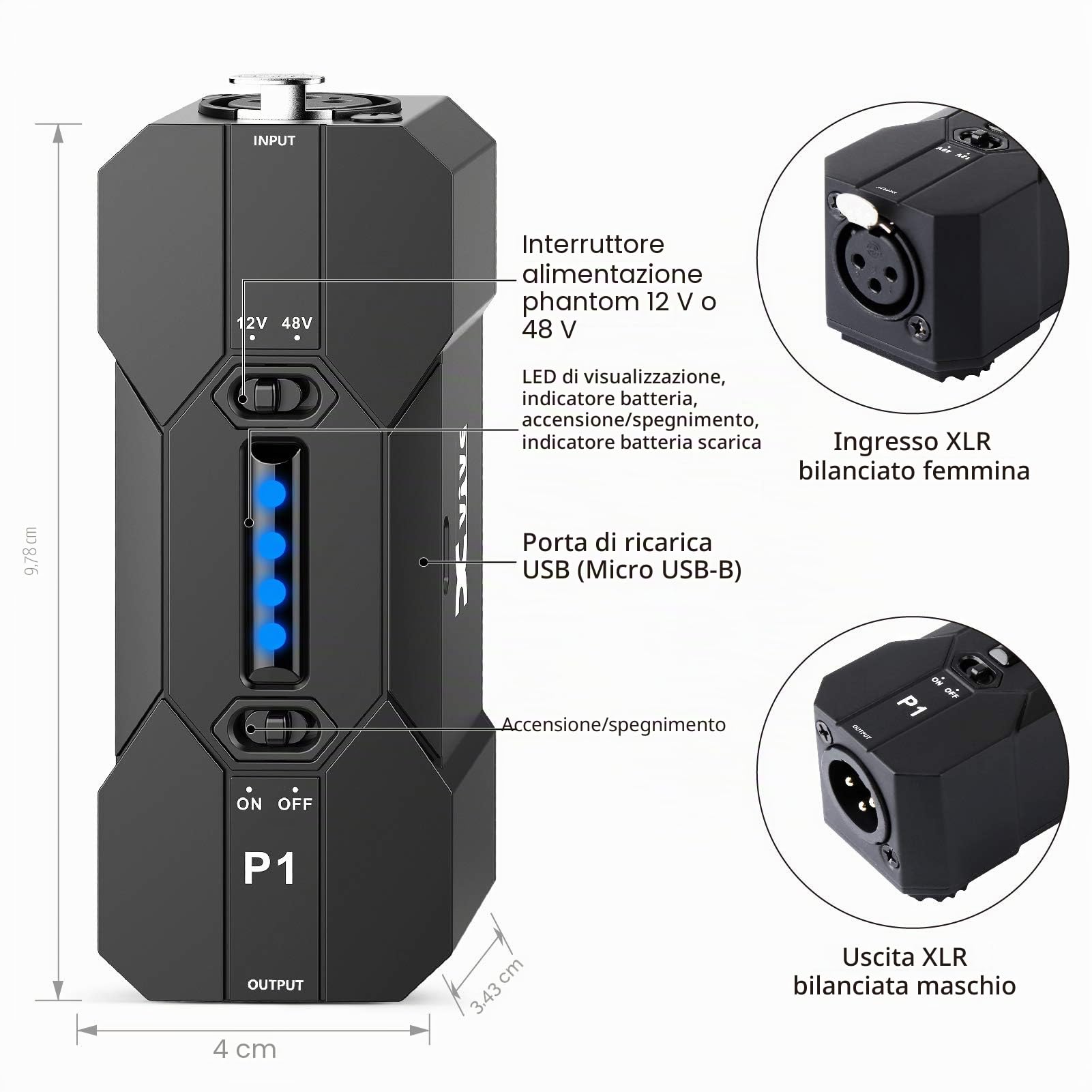 Xvive P1 Alimentazione Phantom Portatile Ricaricabile Phantom 48V/12V Alimentazione per Microfono a Condensatore, DI box e Attrezzatura di Registrazione