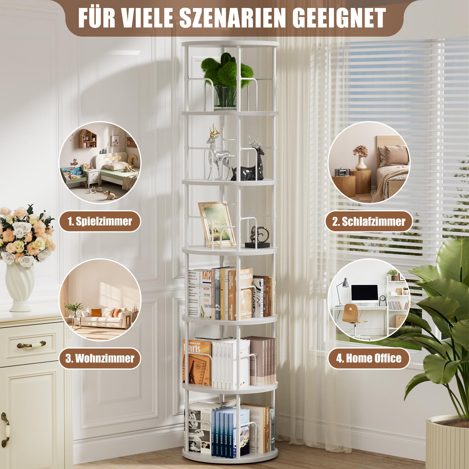 Generisch 360° Drehbares Bücherregal, Bodenstehendes Bücherschrank Aus Holz, Bookshelf Mit 6 Ebenen, Verstellbare Ebenen, Standregal, 45×45×193cm, Weiß