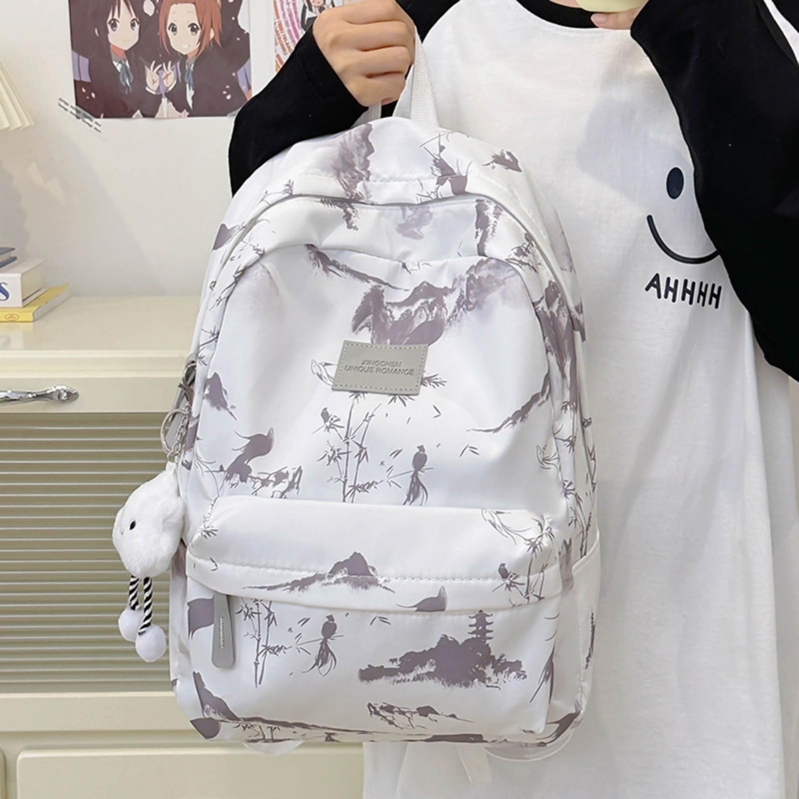Zaino Inchiostro Paesaggio Stampa Nylon Zaino, Harajuku Stile Grande capacità Borsa Scolastica per Le Donne Uso Giornaliero di Viaggio-Gray