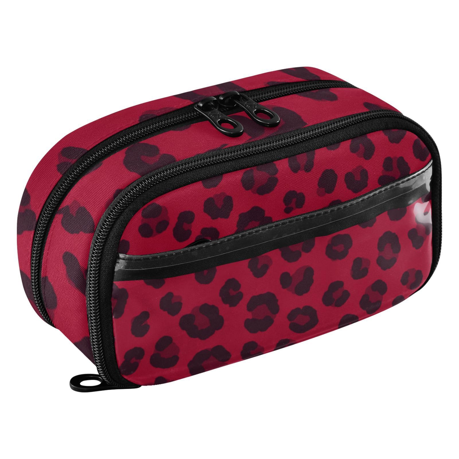 ISAOA Red Leopard Print Cheetah Pencil Case with 3 Compartments, Aesthetic Stationery Pen Bag Secondary School Essentials Supplies for Teen Girls Boys Adult