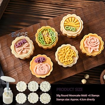 Moon Cake Stamps Cookie Mold Chinese Mid-autumn Festival DIY Hand Press 6Pcs 50g Cookie Stamps Pastry Mooncake Dessert Make Accessories Tool for Flower Moon Cutter Cake Baking Decoration