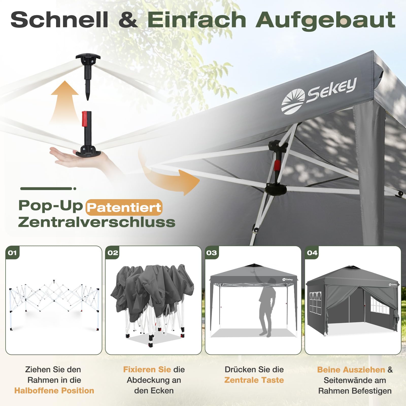 Sekey Pop Up Pavillon Wasserdicht Stabil Winterfest mit Seitenwänden, Faltpavillon 3 x 3 m, Camping Pavillion Faltbar Partyzelt mit Belüftung, Designer Serie 3x3, (Grau, 3x3 Mit Seitenwänden)