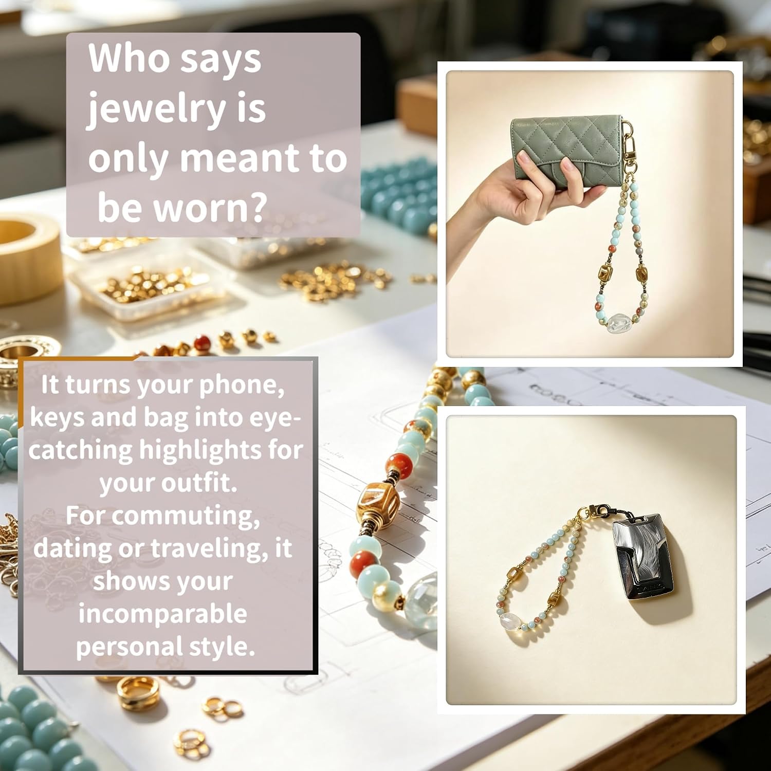 Nature Crystal Beaded Phone Charm - Handmade Phone Wrist Strap Lanyard for Women - Key Wristlet