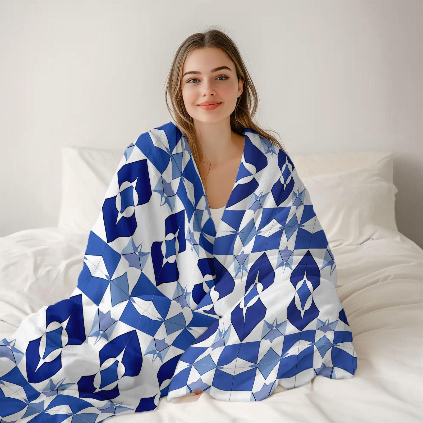 Manta Polar con Estampado Geométrico Azul, Minimalist para Sofá de Microfibra Manta de Felpa Suave Manta de Cama o de Sala de Estar 180x200 cm