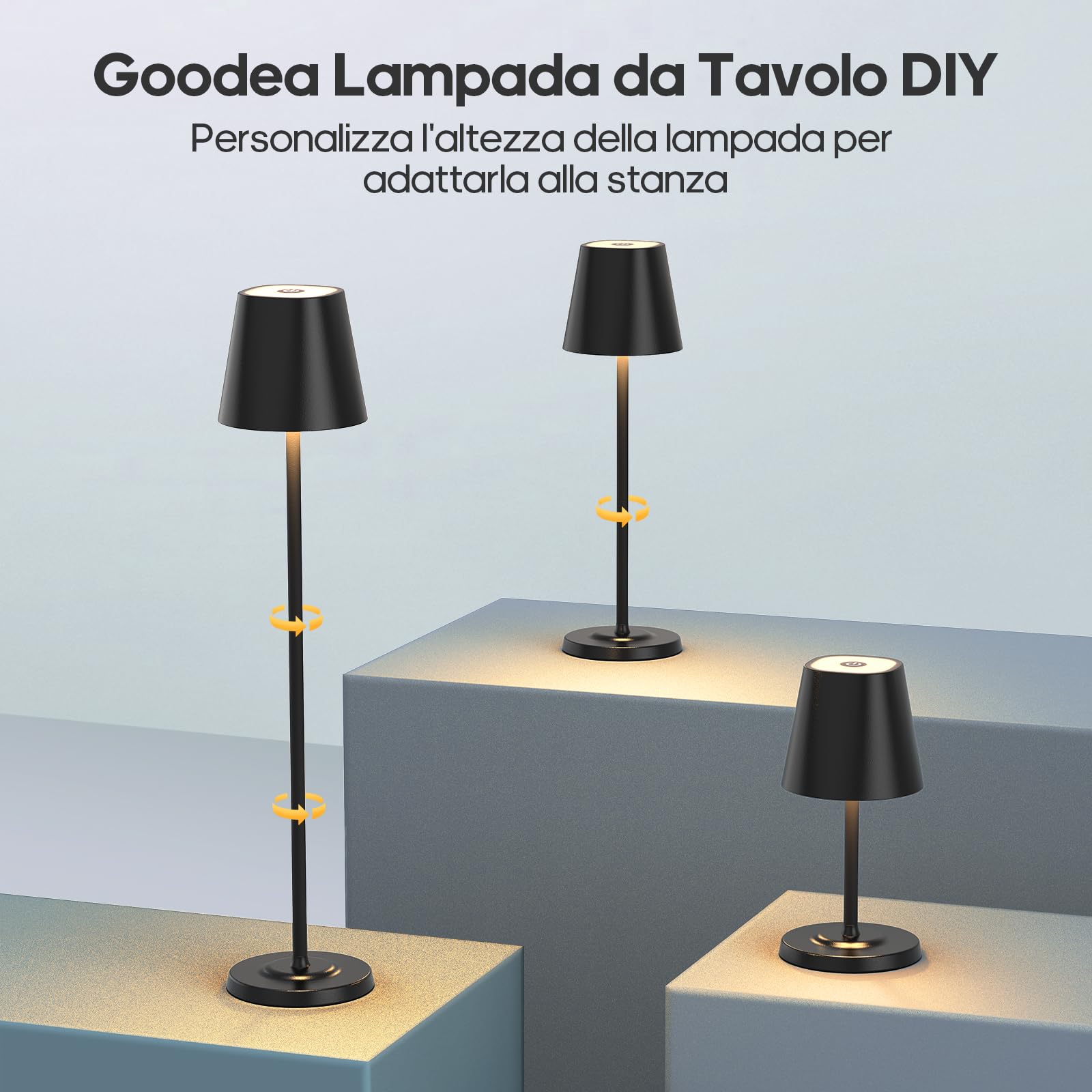 GOODEA 3 in1 Lampada da tavolo senza fili, 3 altezze regolabili e 3 temperature di colore-5500 mAh, dimmerabile senza palo, lampada da tavolo ricaricabile per interni ed esterni, con USB - C [2, nero]
