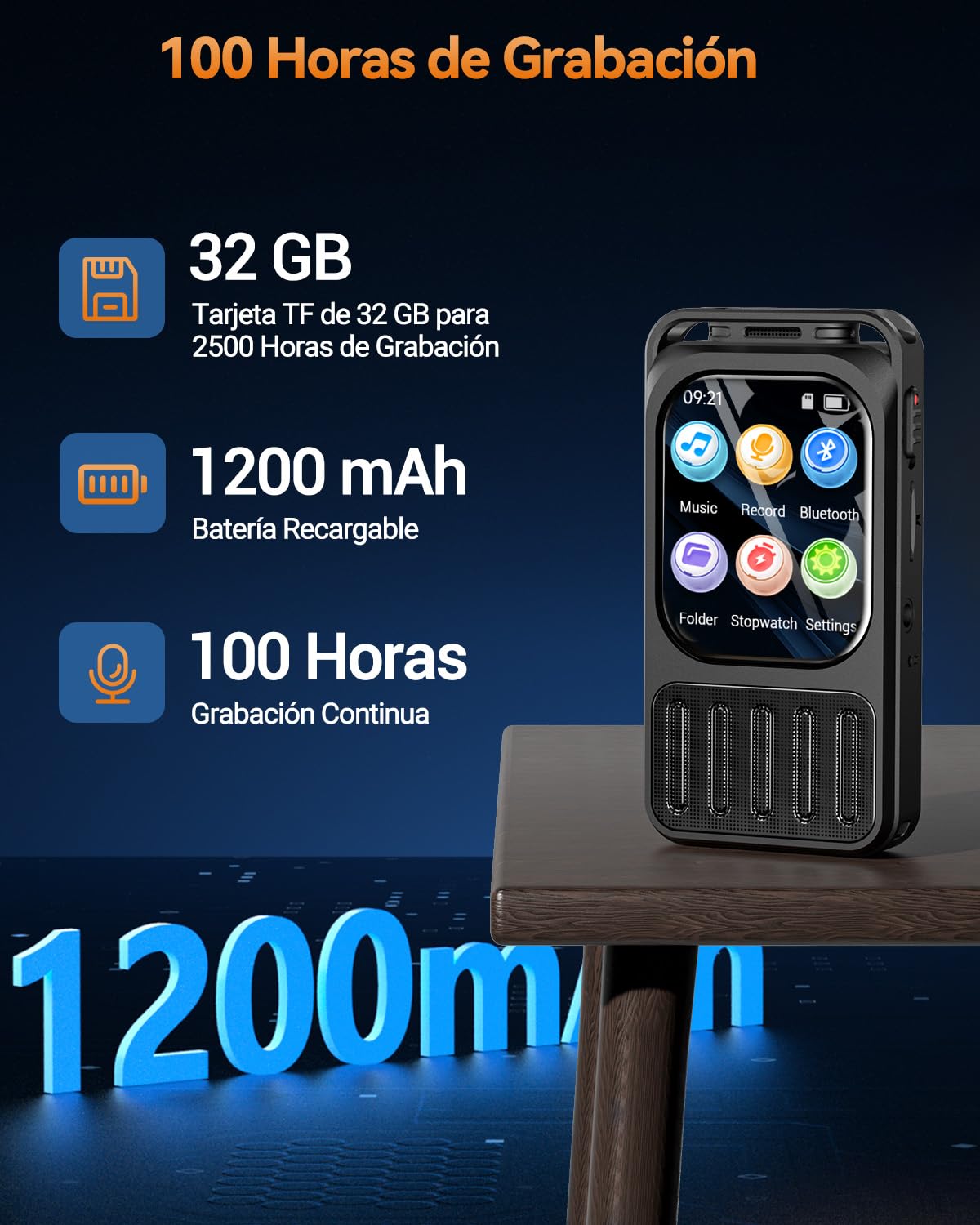 Grabadora de Voz con Pantalla 2" y Bluetooth, XIXITPY 3072Kbps Grabadora Digital con 100H Batería, Reducción de Ruido, Reproductor MP3, Activación por Voz para Clases, Reuniones, Entrevistas