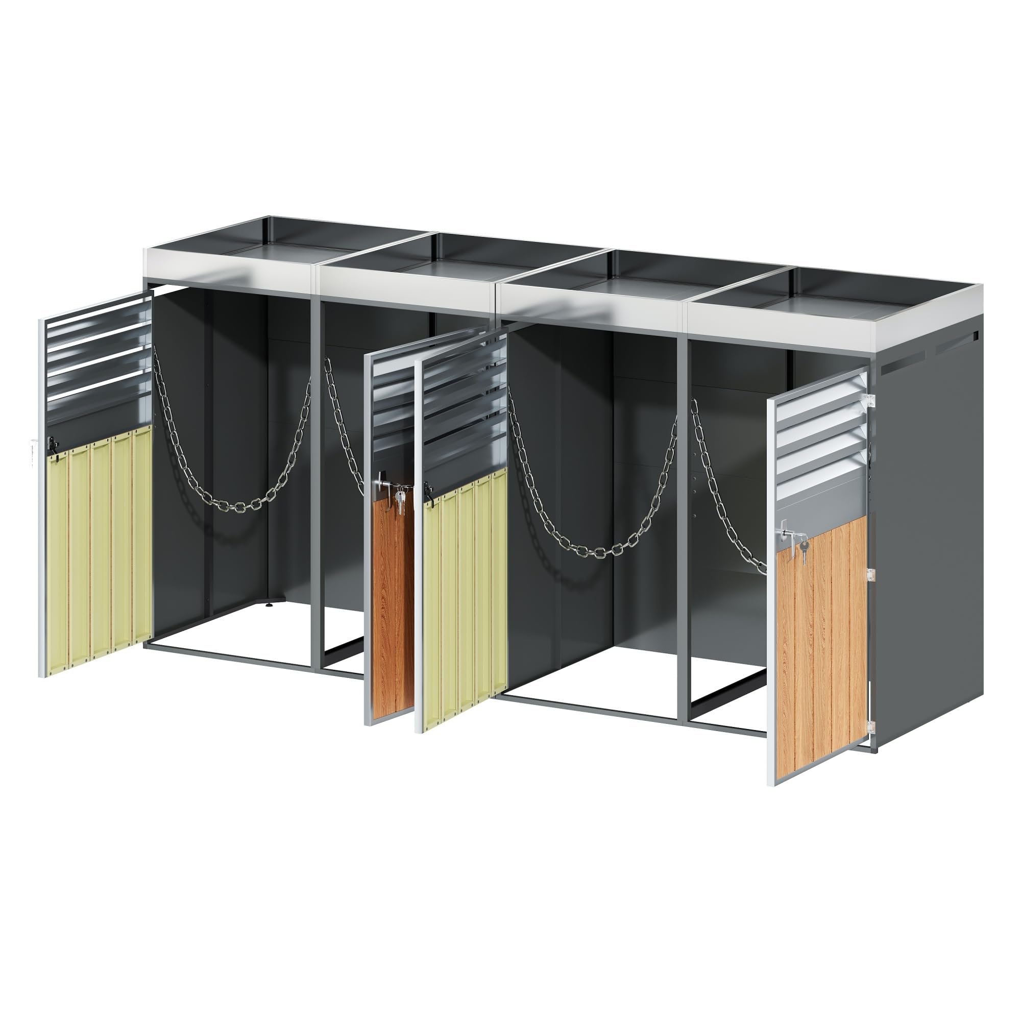 Merax Mülltonnenbox 4er mit Pflanzdach, Abschließbarer Mülltonnenschrank aus verzinktem Stahl, Mülltonnenverkleidung mit Lüftungsöffnung & Lamellen,Viertüriges Türen, für Garten & Terrasse