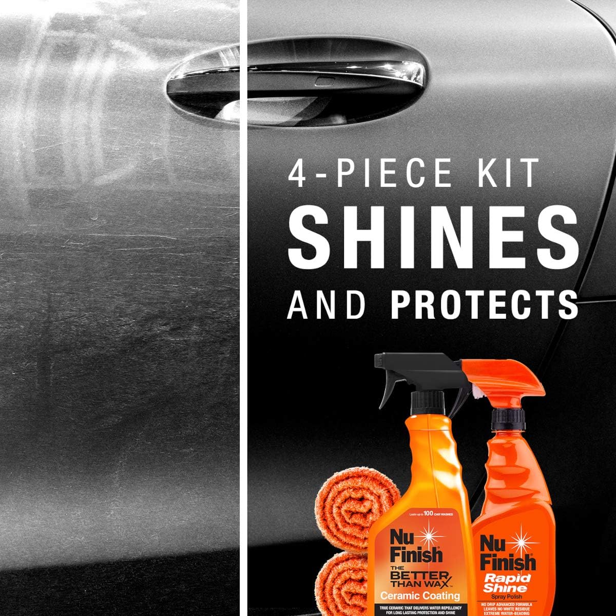 Coat Protector Kit by Nu Finish, 4 Piece Car Protector Set Protects and Restores Car Shine, Includes Ceramic Coating, Rapid Shine, and 2 Microfiber Towels