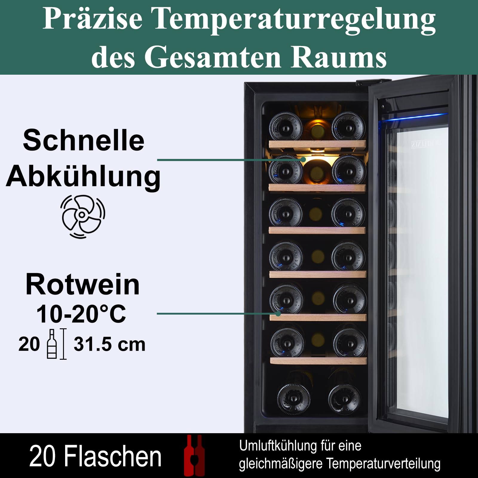 Weinkühlschrank 30cm Breit Unterbaufähig 20 Flaschen 1 Zone UV-Glastür Holzablagen Leise 37 dB