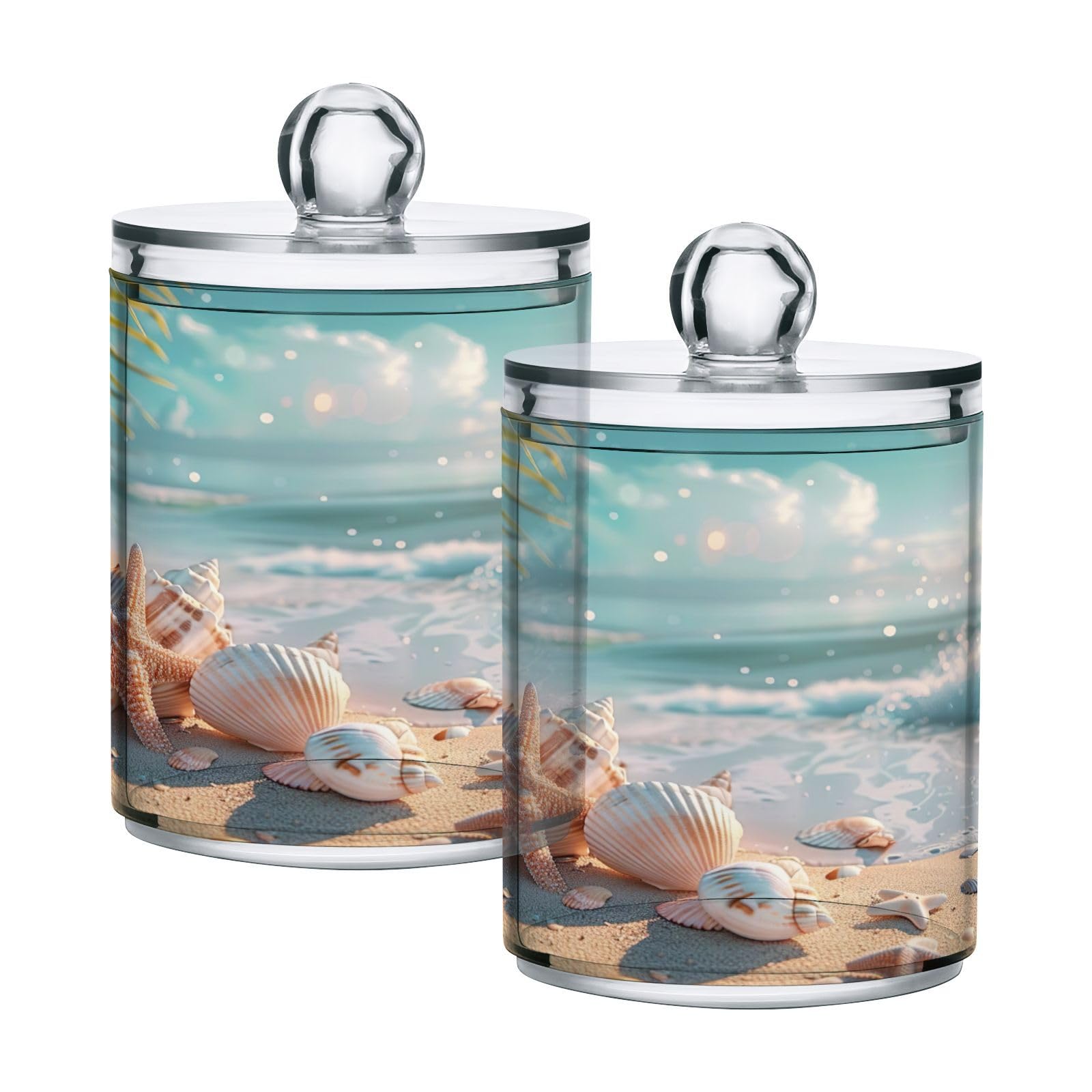 Nesatuwa 2 Pack Qtip Holder Dispenser Beach Seashell Pattern 10 Oz Bathroom Organizer with Lids Storage Canister for Cotton Ball,Cotton Swab,Cotton Round Pads,Floss