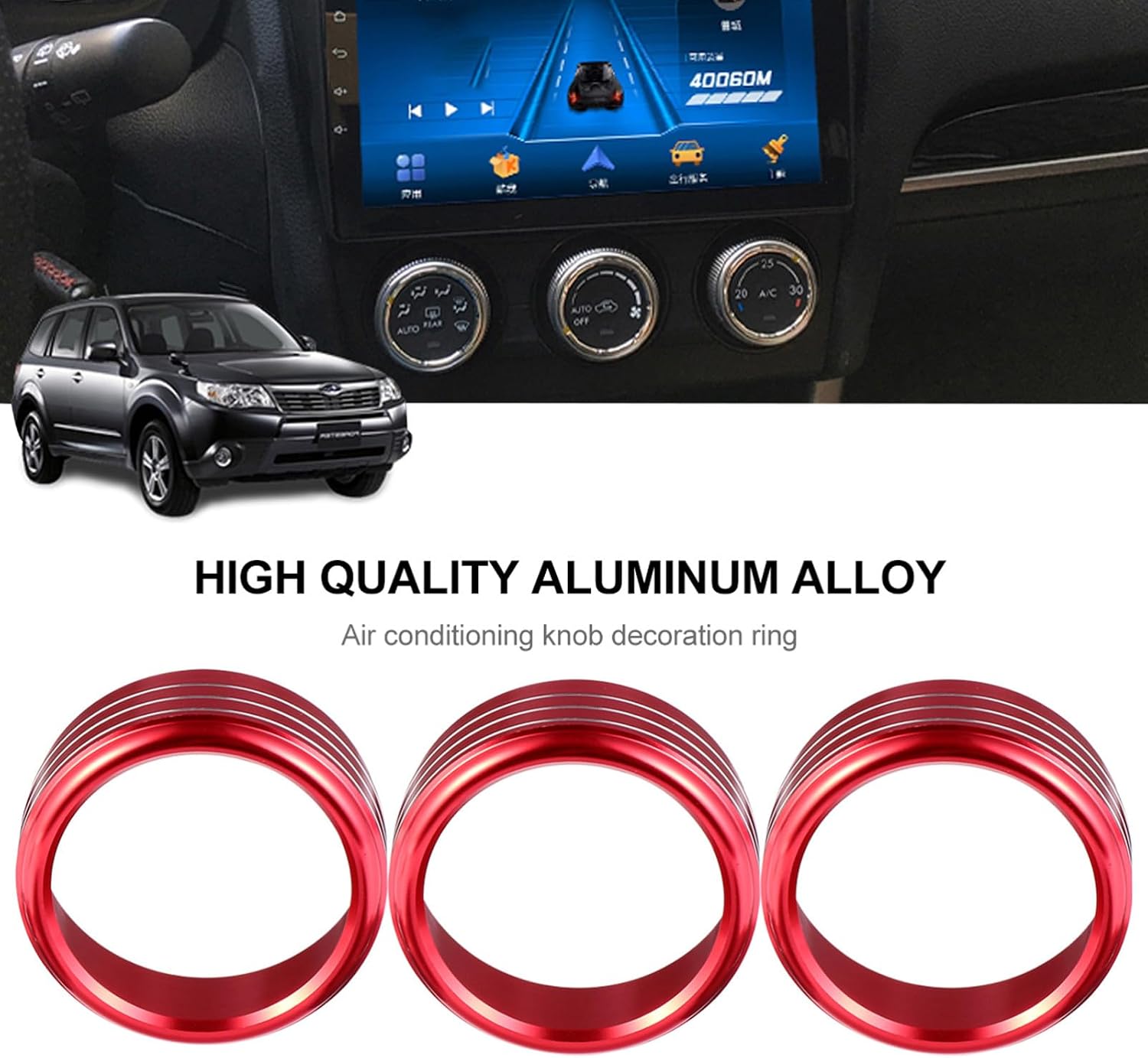 Car Air Conditioner Button Rings, 3Pcs Red Aluminum Alloy Trim Covers