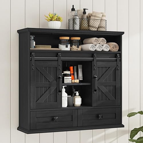 Miniatura 9 de Vabches Armario de pared de baño, botiquín de granja con puerta corredera doble de granero y cajón de almacenamiento, armario de almacenamiento