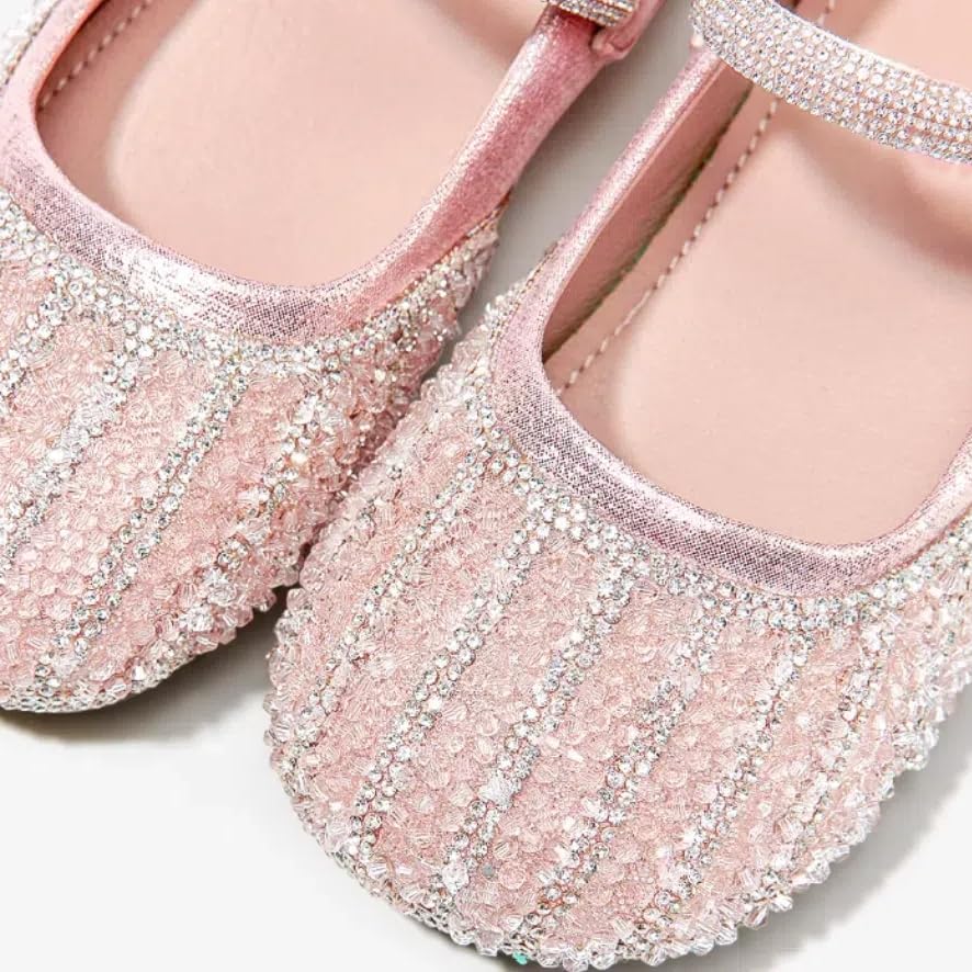 Girls' Sparkly Mary Jane Flats, Pink Crystal Ballet Shoes with Rhinestone Strap3