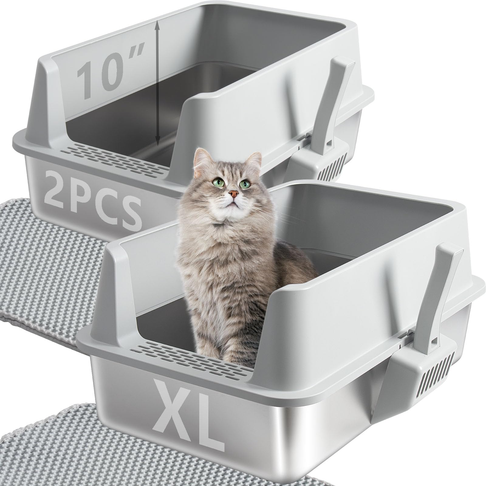 2PCS XL Stainless Steel Cat Litter Box with Lid,Metal Litter Box High Sides for Big/Multiple Cats,Open Design,Indoor,1-Mat and 1-Scoop,Easy to Clean, No Odor,Anti-Urine Leakage