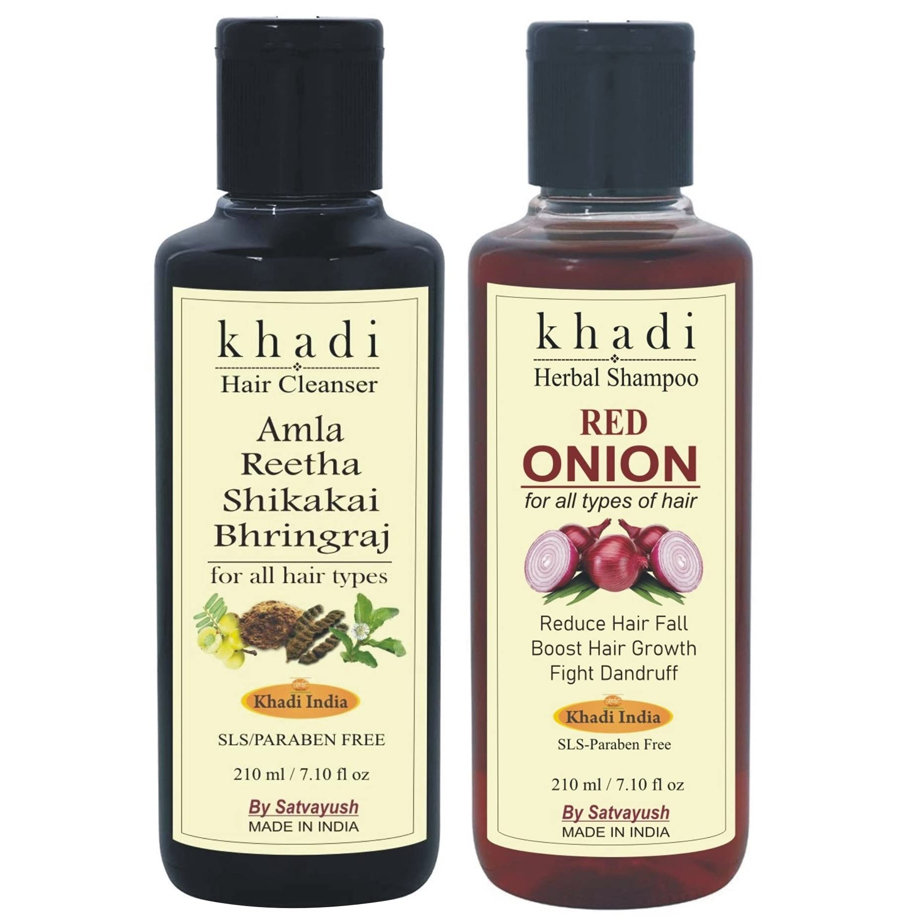 Satvayush Khadi Khadi Amla Reetha Shikakai Bhringraj Shampoo & Red Onion Hibiscus Shampoo (Pack of 2)- 210 ml Each