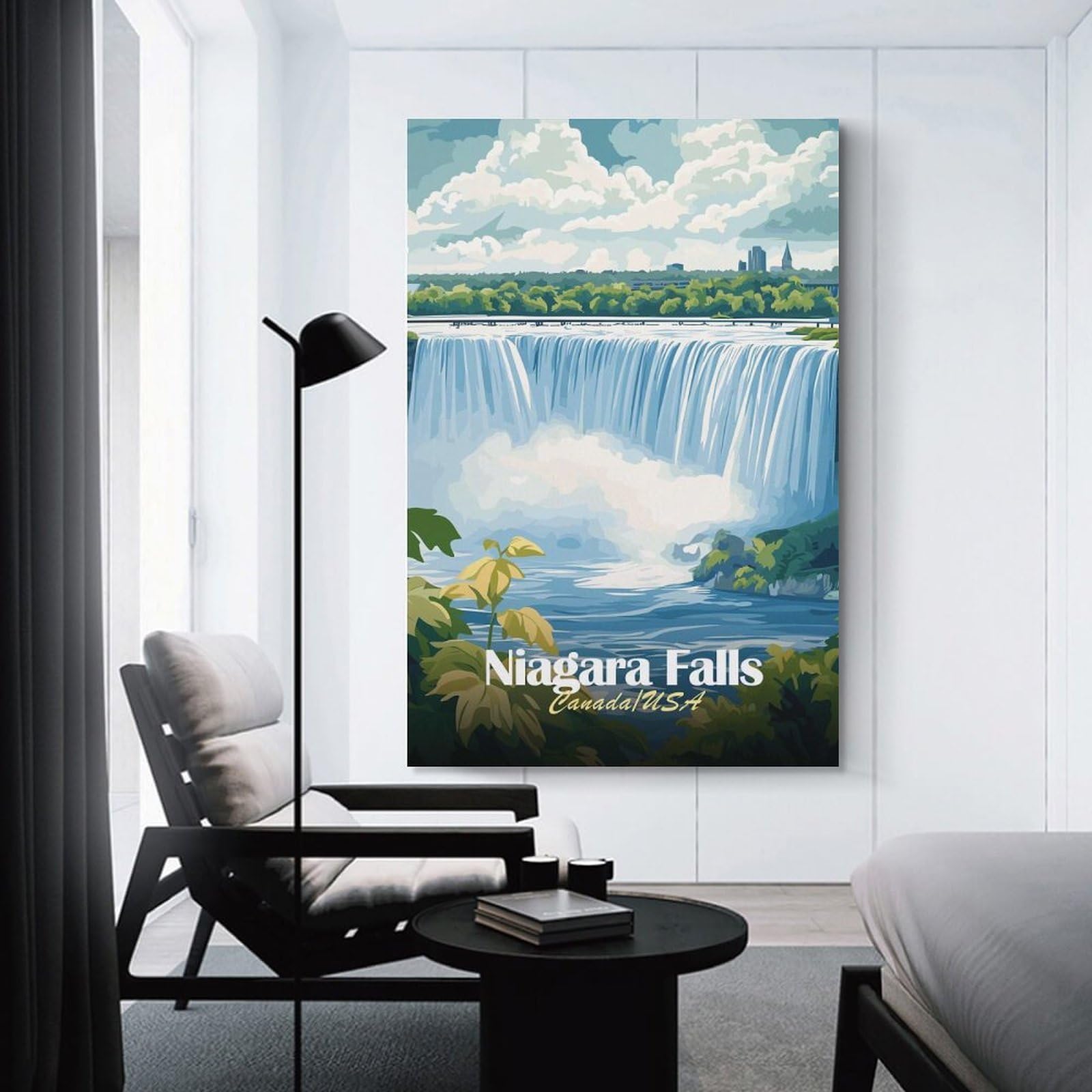 Junmoney Canvas Art Print Niagara Falls Canada USA Illustration, 16x24inch(40x60cm), for Home Office, Desk Area Or Studio, Wall Art That Adds Style to Work Areas