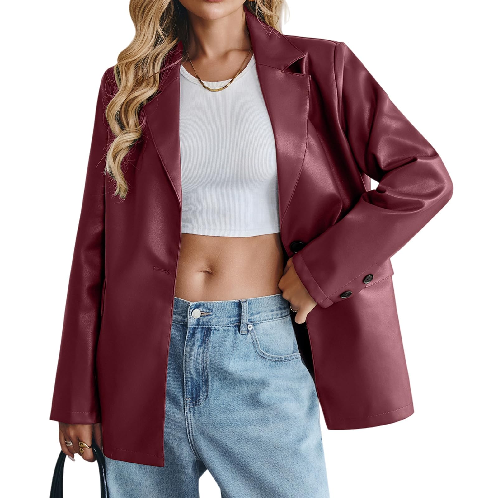 katemoda Women's Faux Leather Blazer Oversized Bomber Winter Coat Motocycle Button Down Fall Jackets with Pockets-picture-27