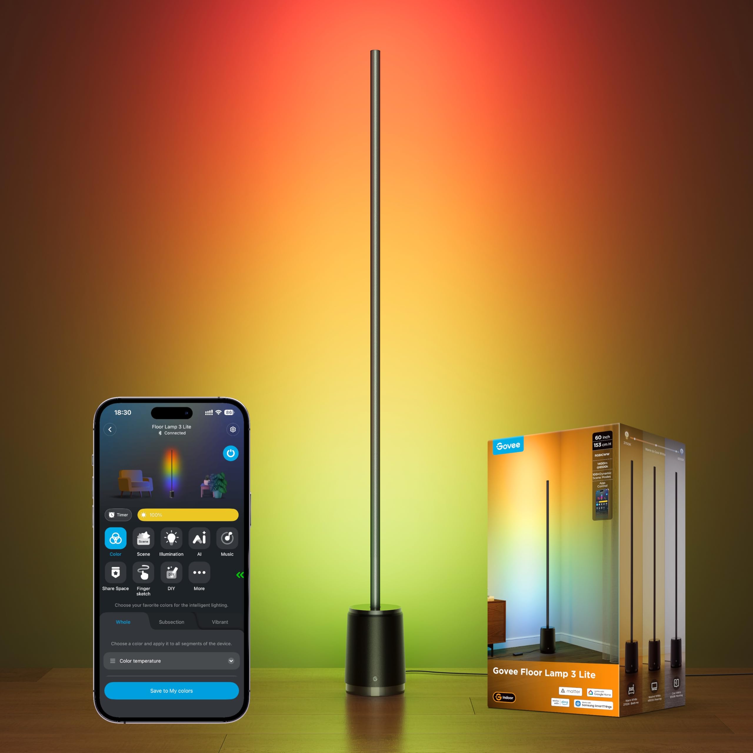Govee Stehlampe 3 Lite RGBICWW, 1400 lm Dimmbar Stehlampe Wohnzimmer 152cm | 2700-6500K, KI-Bot 2.0, DIY, Musiksynchronisation, 105+ Szenen, 12 Musikmodus, Alexa Matter SmartThings Kompatibel, Schwarz