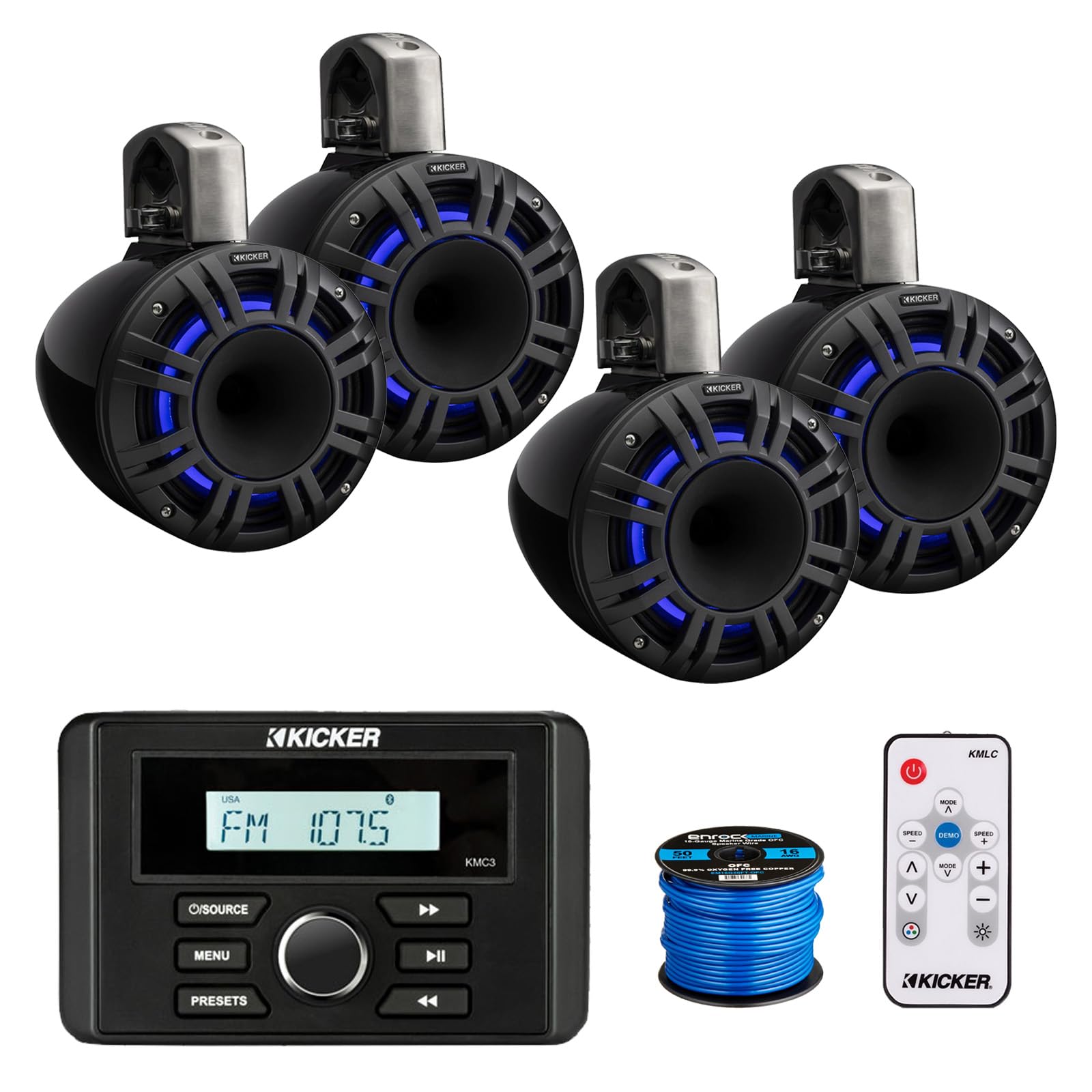 Kicker 46KMC3 Marine Gauge Style USB Bluetooth AM/FM Stereo Square Media Center Receiver, 4X 8 500 Watt Multicolor LED Horn-Loaded (HLCD) Tower Speakers (Black) with LED Remote, 50 Feet Wire