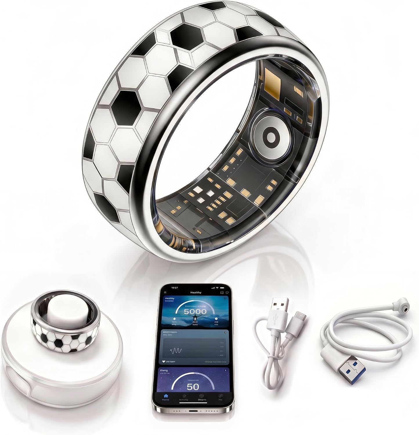 Football Pattern Smart Health Ring with 3 Health Metrics, Multisports, Call Reminder, Gesture Photo and IP68 Waterproof, Compatible with iOS and Android, Fitness Tracker for Women & Men (10)