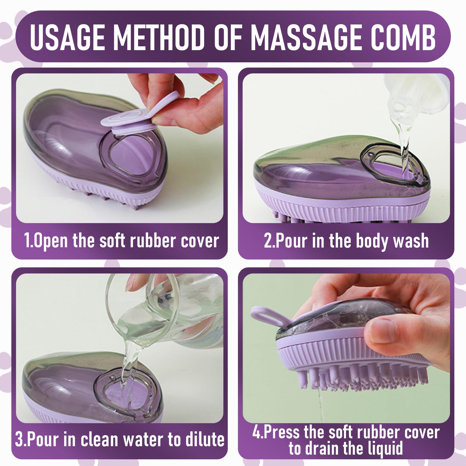 Brosse de Bain en Silicone Souple pour animaux de compagnie Accessoire de Toilettage avec Réservoir et Distributeur d'Eau et Shampoing Massage pour Chiens & Chats à Poils Courts/Longs