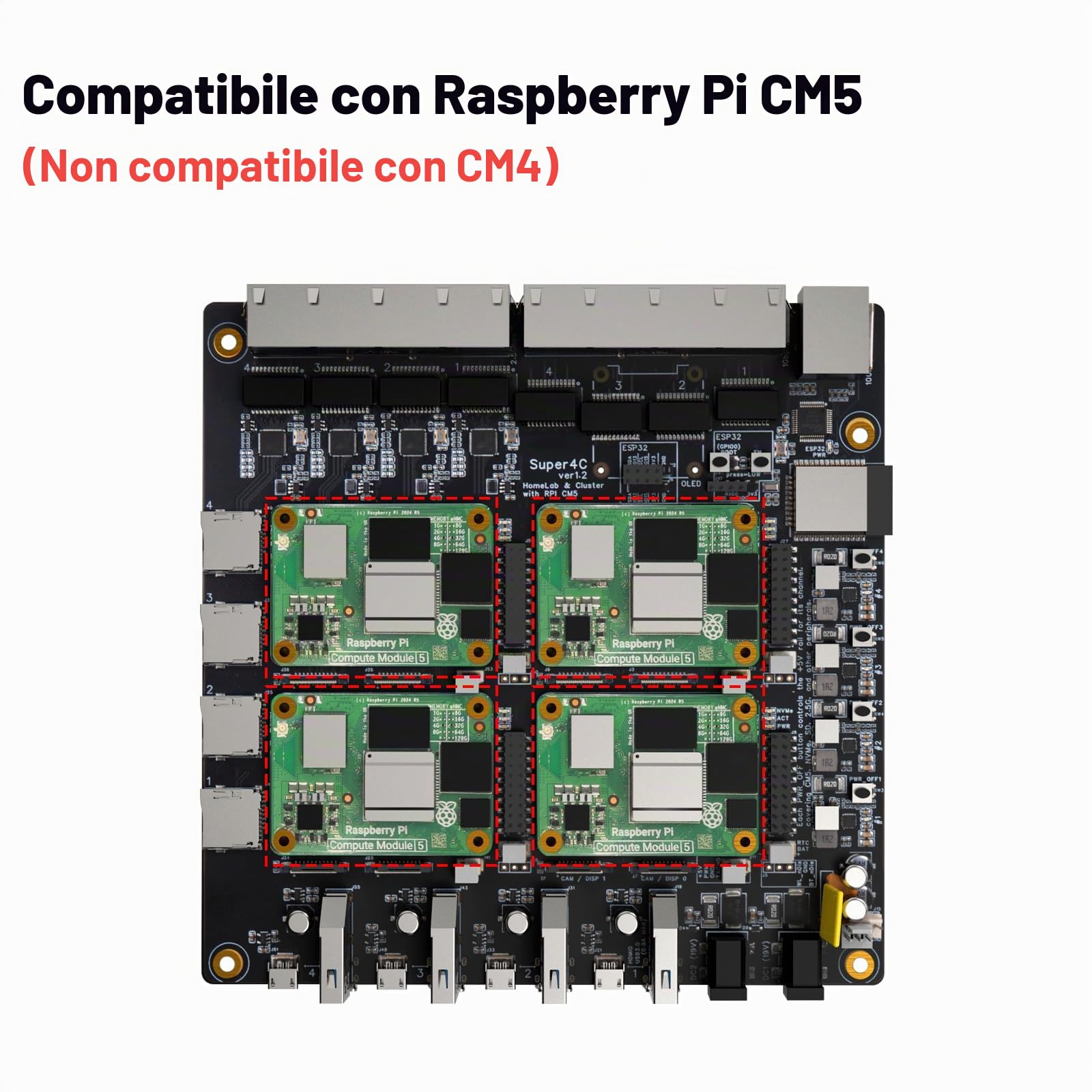 DeskPi Super4C per Raspberry Pi Compute Module 5, Cluster Mini-ITX Board Supporta 4 CM5, 2,5 GbE + rete 1 GbE, M.2 NVMe, montaggio a rack 1U, alimentatore da 89 W incluso