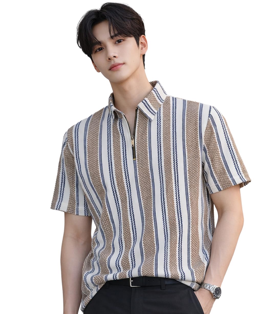 London Hills Men’s Loose Fit Half Sleeve Vertical Striped Polo T-Shirt with Zip Collar | Premium Polyester Fabric | T Shirt for Man | Tshirt | Shirts Men | Tshirt for Man | Men T-Shirts