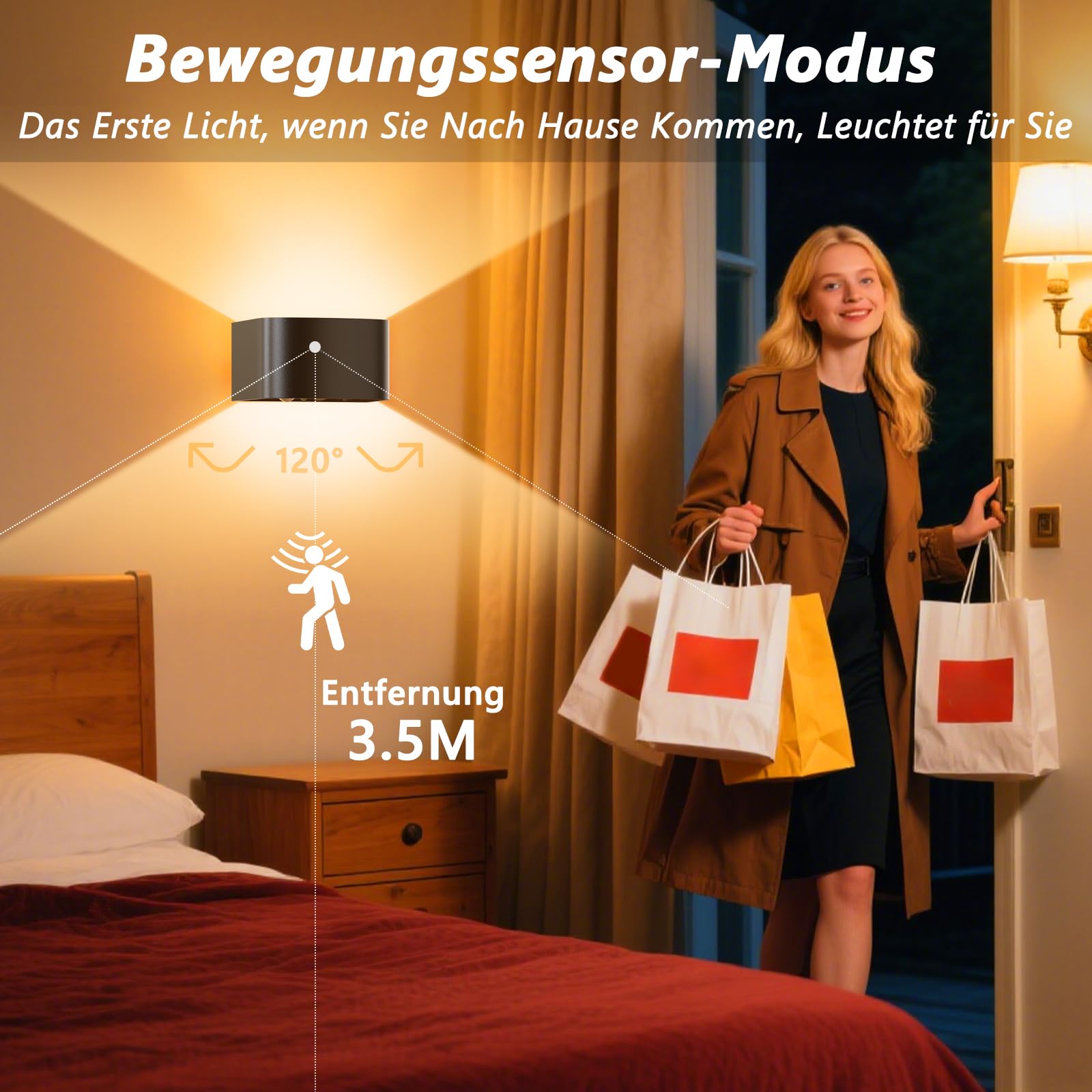 LED Wandleuchte Innen mit Bewegungssensor, 2 Stück 4000mAh Akku Kabellose Wandlampe mit Fernbedienung, 3 Farben/Modi Ohne Bohren Wanddeko Wandleuchte für Schlafzimmer Wohnzimmer Treppe Flur