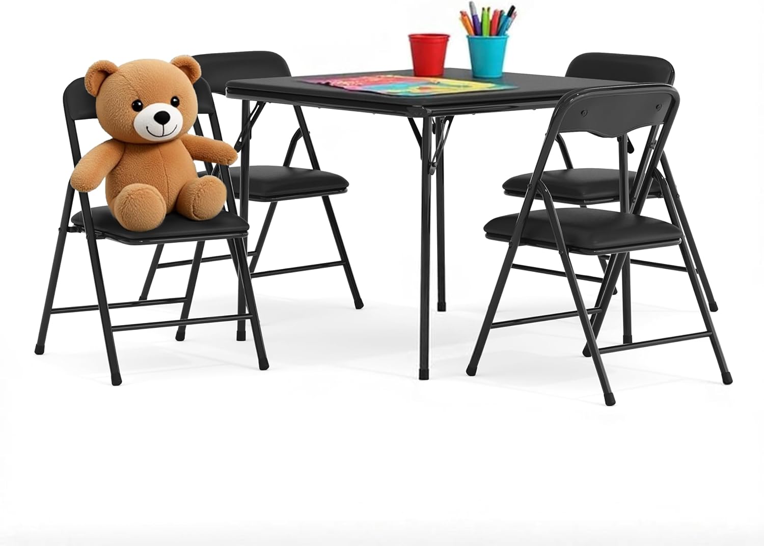 EMMA + OLIVER Kids Black 5 Piece Folding Activity Table and Chair Set for Home & Daycare