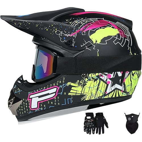 Motocross Helmet,Youth & Adult ATV Dirt Bike Motorcycle Helmet, Kids BMX 4-Wheeler Off-Road Mountain Bike,DOT Certified,W/Gloves Goggles Mask 4-Piece Set(Z P, X-Large)