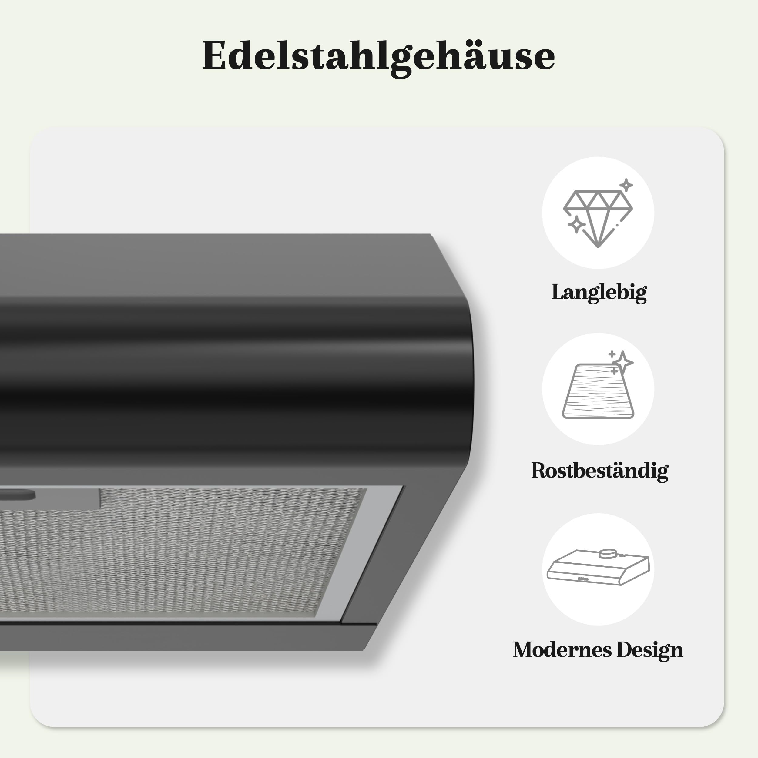FIREGAS Dunstabzugshaube 60 cm Schwarz, 319 m³/h, Energieeffizienzklasse A++, bürstenloser Motor, Umluft & Abluft, 3 Stufen, leise, 2W LED