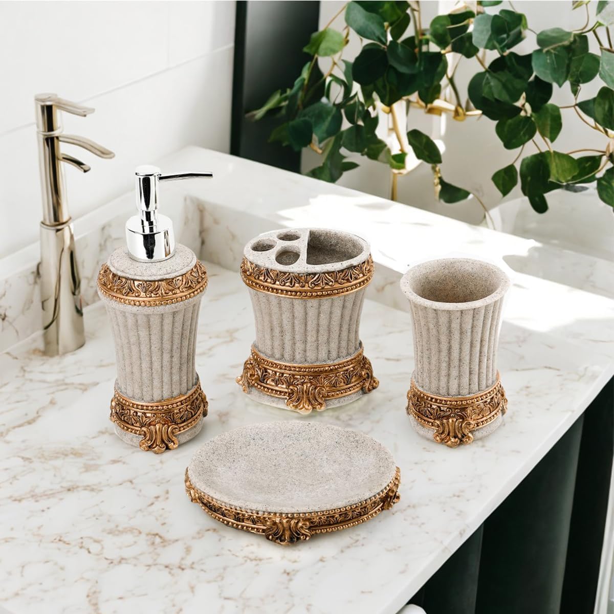 Resin Bathroom Accessories Set，Toothbrush Cup/soap Dish/Toothbrush Holder/soap Dispenser， Bathroom Set Complete Essentials， Farmhouse Bathroom Accessories Boho （Beige+Gold）