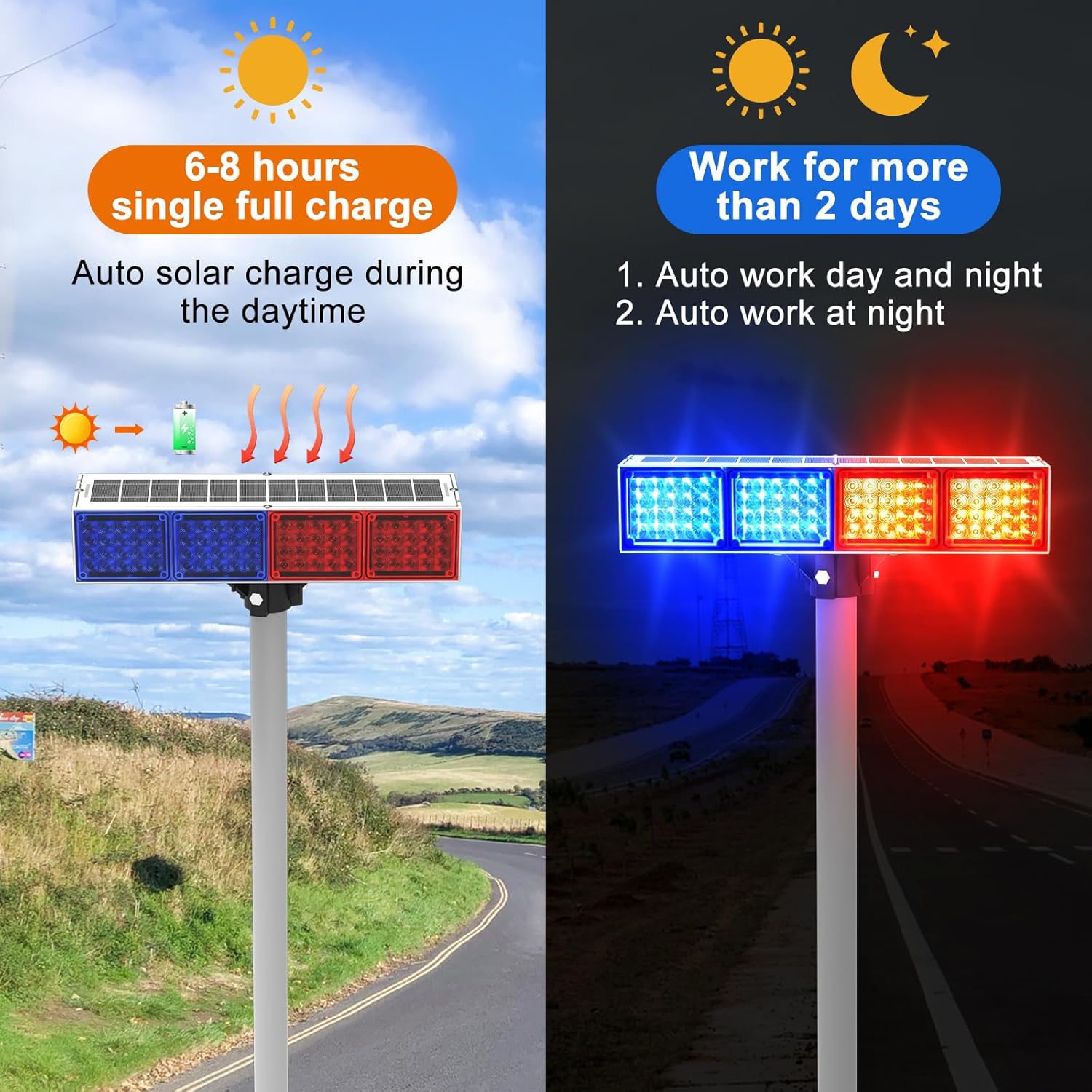 Aolyty Solar Strobe Light, Bright Red & Blue Light Flashing IP65 Waterproof Solar Warning Light Double-Sided Security Caution Lights 2 Modes 160LEDs for Construction Site, Crossroad, Driveway ﻿ (1)