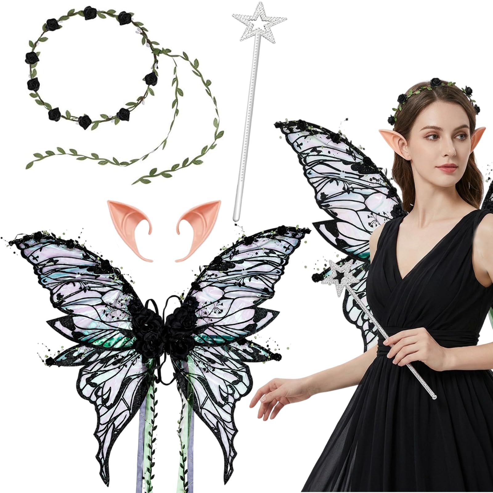XazNvc Fairy Wings, Butterfly Wings Adults, 4PCS Angel Costume Accessories, Sparkling Sheer Wings with Flower Headband, Black Wings Cosplay Set for Halloween Party Cosplay (Black)