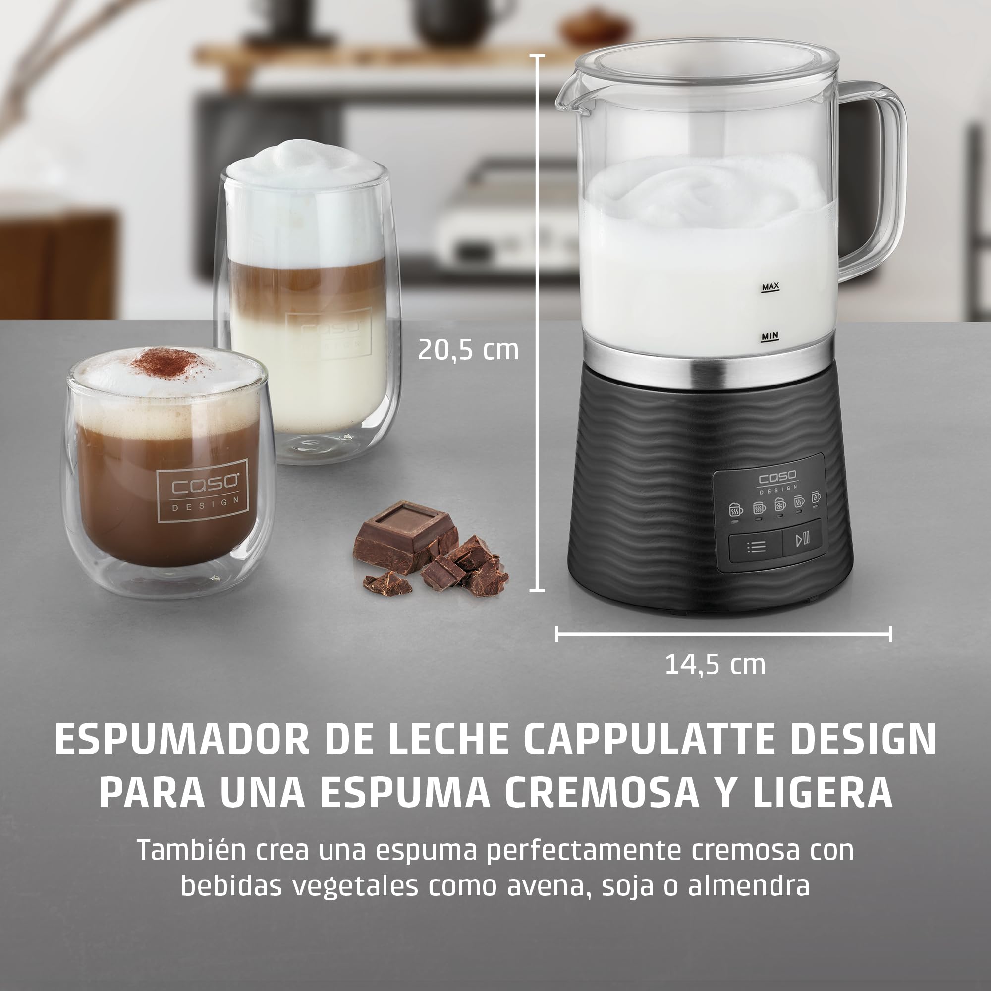 CASO CappuLatte - Espumador de leche eléctrico, espuma cremosa, espumador de leche caliente y frío, cacao, chocolate caliente, recipiente de vidrio extraíble, apto para lavavajillas, 5 funciones