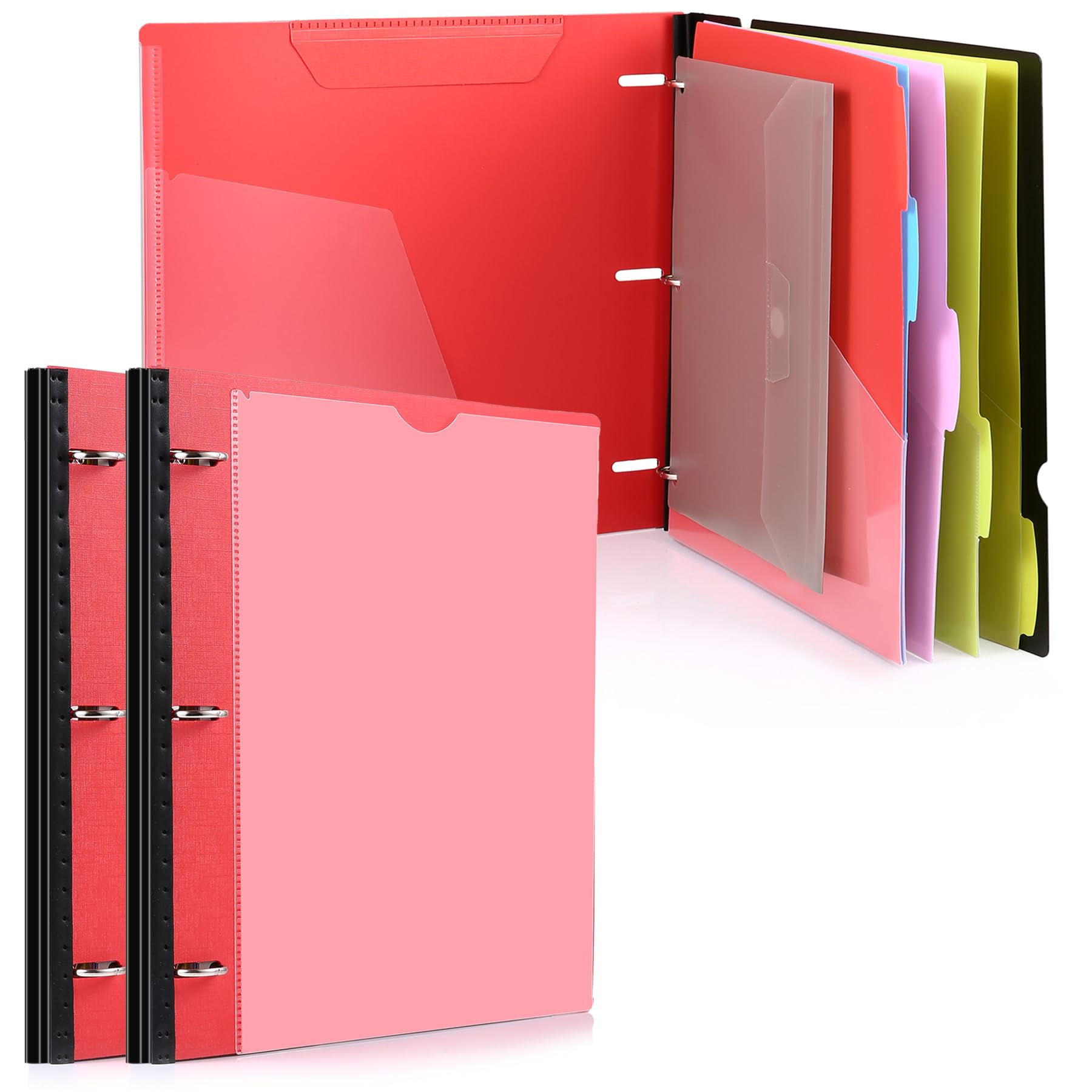 WOT I Telescoping Project Organizer 2PCS, Refillable 3 Ring Binder Pocket Folder with Customized Front Cover+Clear Catalog Pocket+5 Double-Pocket Tab Dividers+Binder Pocket, Red