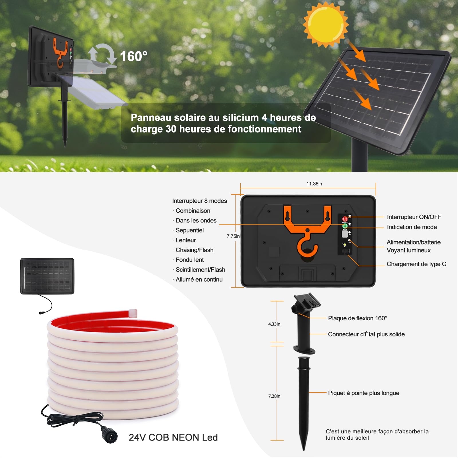 Guirlande Solaire RGB 8m 320 LED avec Télécommande – Lampe Néon Solaire Exterieur IP67 Batterie 7200mAh 36H Autonomie Charge USB Type C pour Jardin Terrasse Fête Lumière blanche