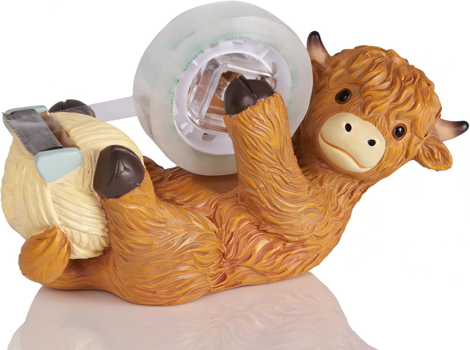 Highland Cow Tape Dispenser, Includes 1 Roll of Transparent Tape, Cute Handmade Desk Holder for Office & Home-Brown