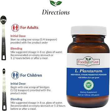 Foods For Gut Lactobacillus Plantarum Probiotic Powder 400 Billion cfu's | Made in USA | No Additives | Digestive & Immune Support | High Potency | L. Plantarum | 30 Grams (1.05 Oz)