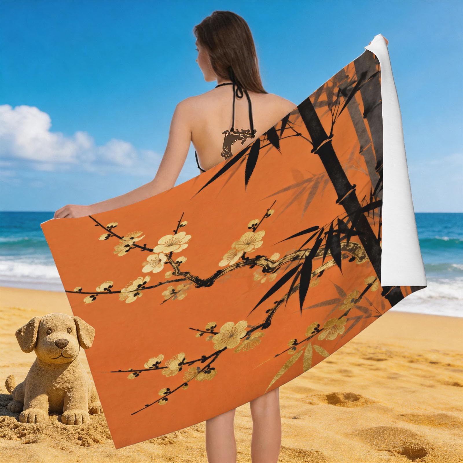 Leichong 3D Pattern Plum Beach Towel Large Microfiber Soft Quick Dry for Adults, Ethnic Exotic Bath Towel Lightweight Soft Absorbent for Travel Swimming Pool Sports, 180 x 90 cm