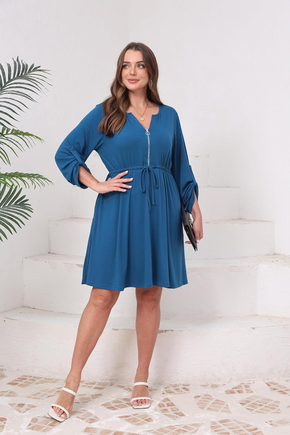 Womens Plus Size Dress Casual Roll up 3/4 Sleeves Zipper V Neck Tie Waist Flowy Loose Dresses with 2 Pockets - Image 5
