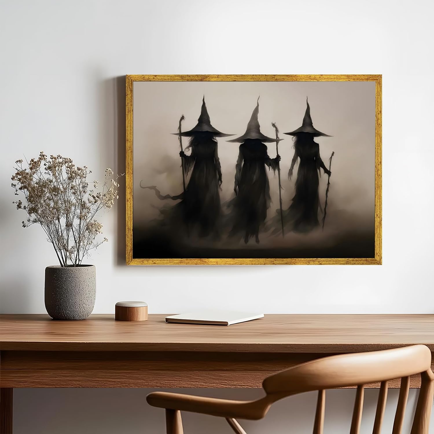 Three Witches Framed Halloween Wall Art Print Vintage Creepy Witchy Poster Spooky Gothic Mystical Witch Picture Dark Academia Occult Canvas Painting Decor for Bedroom Dorm Party Room 8x12inch