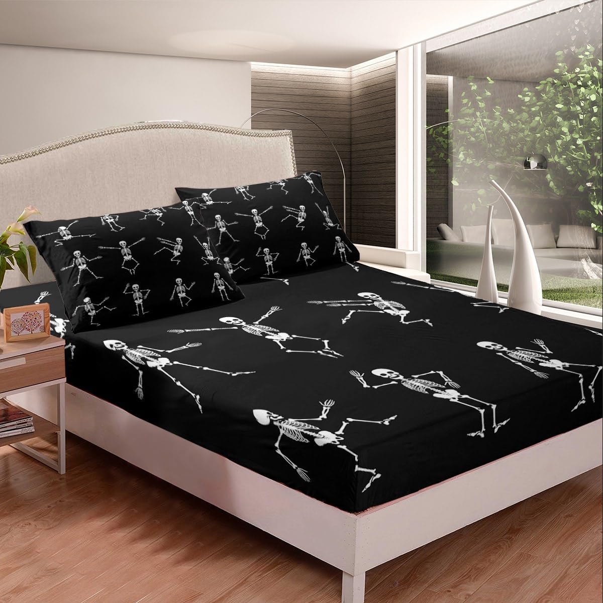 Erosebridal Sugar Skull Sheet Set Queen Size Skeleton Bones Bedding Set for Kids Boys Girls Teens Adult Halloween Horror Theme Fitted Sheet Gothic Spooky Bed Sheet Wrinkle Bedclothes(No Flat Sheet)