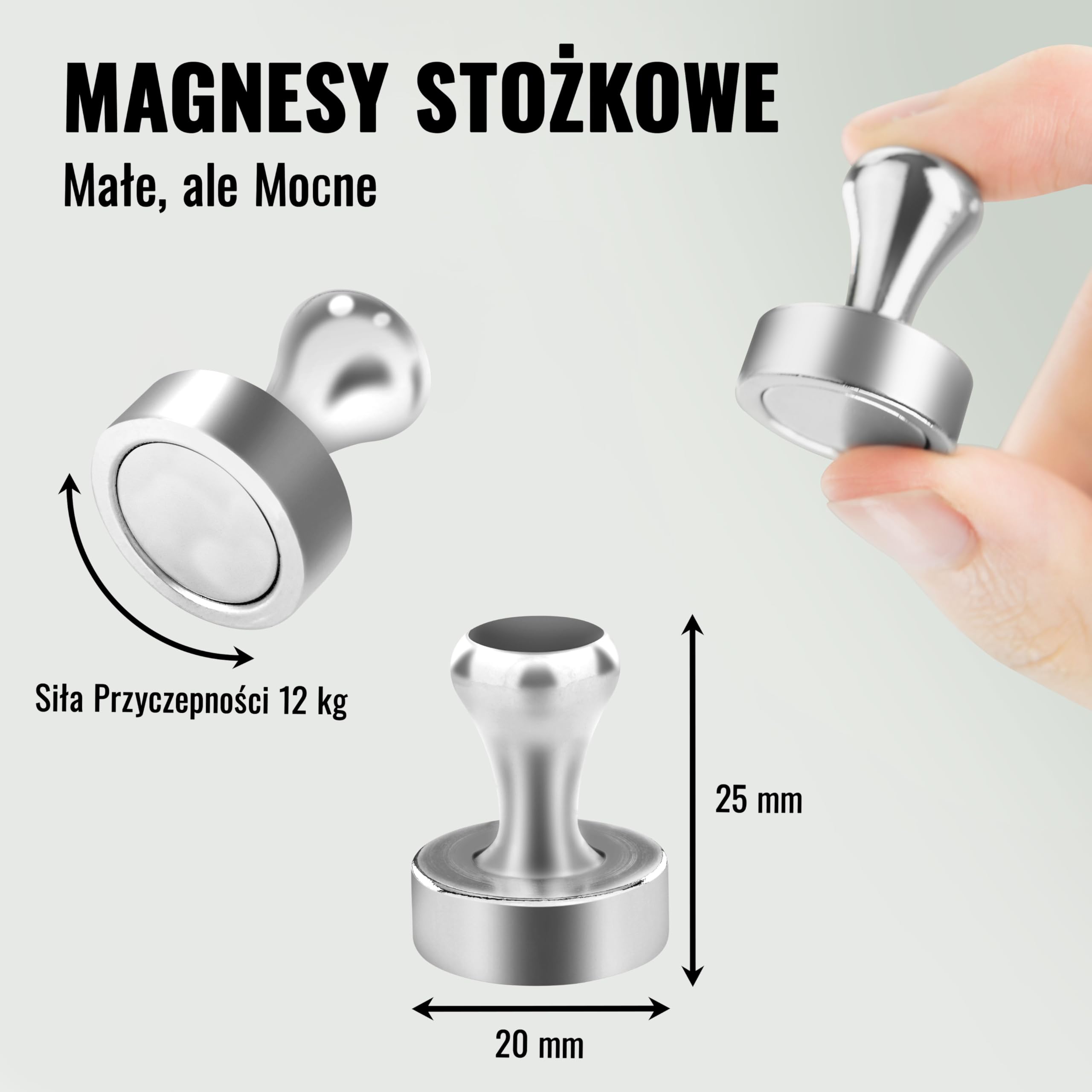 Poppstar 10 magnesów stożkowych (20x25 mm, mocne, siła przyczepności 12 kg), kolor srebrny