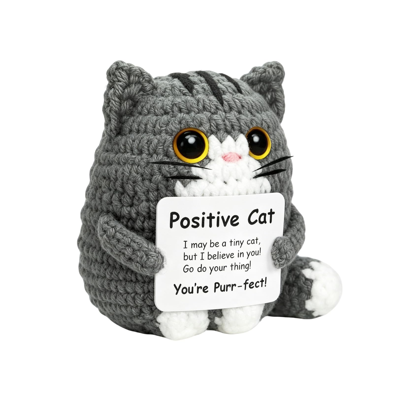 Positive Crochet Cat Animals,Emotional Support Crochet Gift,Inspirational Handmade Knitted Doll with Card Cute,Cat Gifts Motivational Crocheting Present for Women Men Friends Family Birthday (Grey)